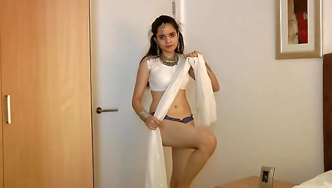Indian Beautiful teen 18+ Babe Jasmine Striptease and Fingering In White Desi Sari